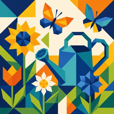 a garden scene with butterflies, flowers and a watering can, clean uncolored line art, no text