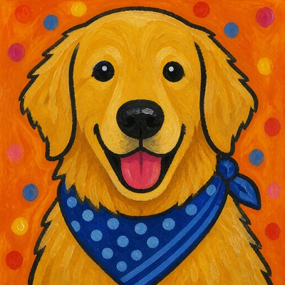 portrait of a golden retriever wearing a blue bandana, warm plain backdrop, no text