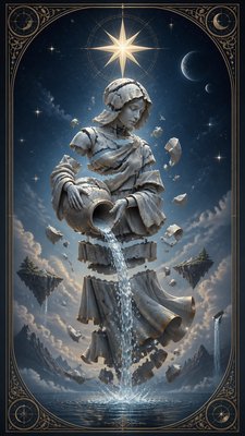 a robed figure pouring water beneath a large eight-pointed star in a night sky, symmetrical composition with an ornate decorative border, no text