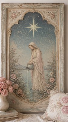 a robed figure pouring water beneath a large eight-pointed star in a night sky, symmetrical composition with an ornate decorative border, no text
