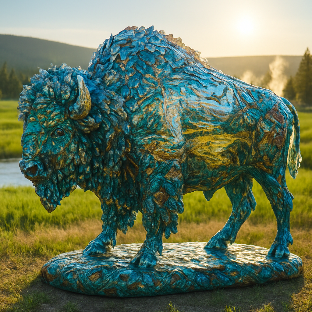 A breathtaking, full-size artistic sculpture of a standing buffalo, rendered entirely in the style of intricate, luminous glass art, reminiscent of the painted buffalo installations. The buffalo's majestic form is composed of countless individual pieces of vibrant, multifaceted stained glass or fused glass, meticulously cut, arranged, and joined.
The entire surface of this glass buffalo is adorned with various miniature, finely detailed scenes and patterns etched, painted, or embedded within the glass itself, or created by the unique coloration and texture of the glass pieces. These scenes depict:
Iconic Yellowstone landscapes: Old Faithful erupting in miniature, the Grand Canyon of the Yellowstone, geothermal pools.
Local wildlife: Elk, bears, wolves, eagles (all rendered in the glass medium).
Native American art motifs: Geometric patterns, symbols, and figures (also within the glass).
The buffalo's interior is subtly illuminated, causing the entire sculpture to glow from within, acting as a beacon of art and nature. Light catches every facet of the glass, creating a dazzling play of refracted colors that project intricate patterns onto the surrounding natural environment.
The setting is the glory of Yellowstone National Park, specifically an expansive, iconic vista. Perhaps in a verdant meadow with distant geysers steaming, or near a crystal-clear river. The morning sun, bright and golden, backlights the buffalo, intensifying its inner glow and creating a dramatic contrast with the rugged, natural beauty of the park. The atmosphere is one of awe, harmony between art and nature, and a profound celebration of the spirit of the American West. The artistic style is hyper-realistic, emphasizing the detailed texture, transparency, and brilliant light play inherent in glass art, seamlessly integrated into a vibrant, natural landscape.
