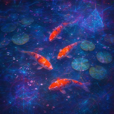 A koi pond seen from above, orange and white koi fish swimming among lily pads, clear water with subtle ripples, fallen cherry blossom petals floating on the surface, dappled sunlight