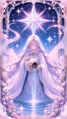 a robed figure pouring water beneath a large eight-pointed star in a night sky, symmetrical composition with an ornate decorative border, no text