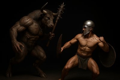 a man in a gladiator costume and a demon