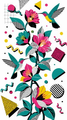 a climbing vine of flowers and hummingbirds on a dark background, tall wrapping composition, no text