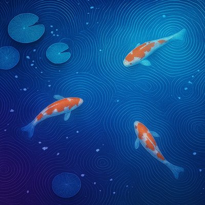 A koi pond seen from above, orange and white koi fish swimming among lily pads, clear water with subtle ripples, fallen cherry blossom petals floating on the surface, dappled sunlight