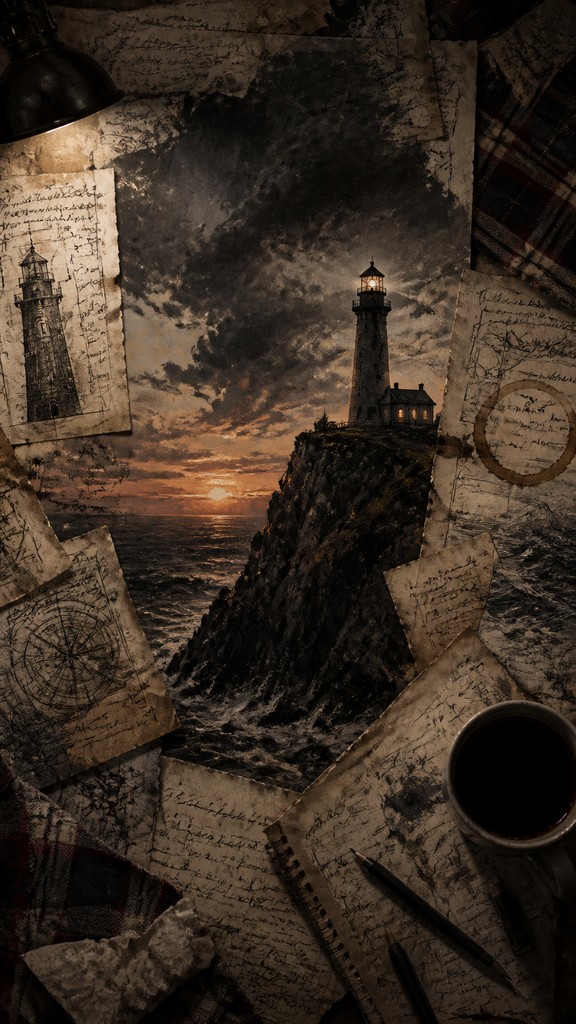 a lone lighthouse on a cliff at dusk under a dramatic sky, no text or lettering