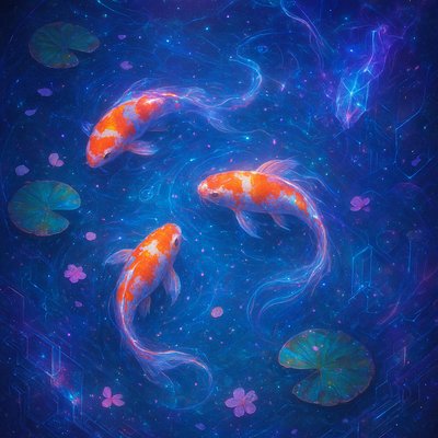 A koi pond seen from above, orange and white koi fish swimming among lily pads, clear water with subtle ripples, fallen cherry blossom petals floating on the surface, dappled sunlight