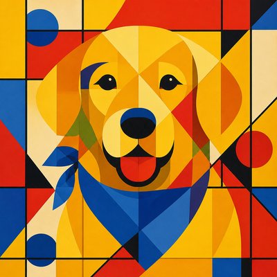 portrait of a golden retriever wearing a blue bandana, warm plain backdrop, no text