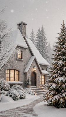 a snow-covered cottage with warm glowing windows beside a decorated pine tree, gentle snowfall, no text