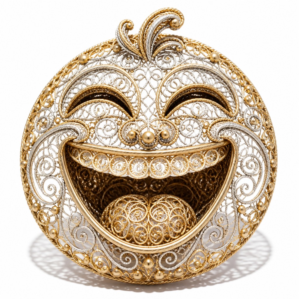 an exaggerated laughing face of an original round mascot character, bold and readable at small size, plain background, no text