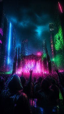 a live music scene with a glowing stage and silhouetted crowd, energetic vertical composition with open space at the top, no text