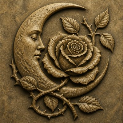 a rose entwined with a crescent moon, clean balanced composition on a plain background, no text