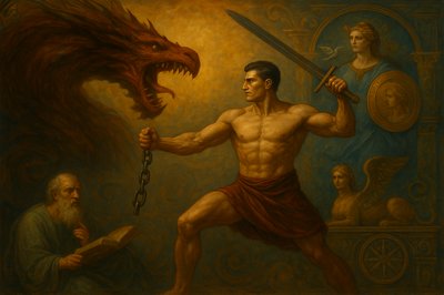 a painting of a man holding a sword and a dragon