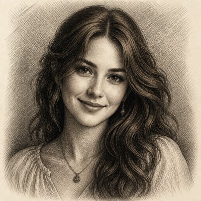 head-and-shoulders portrait of an original character: a young woman with wavy chestnut hair and a warm smile, plain soft backdrop