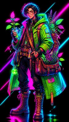 full-body original character: a wandering botanist with a satchel of plants, a patched green cloak, tall boots and round glasses, neutral background