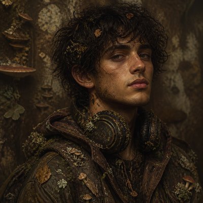 head-and-shoulders portrait of an original character: a young man with curly dark hair and headphones around his neck, plain backdrop, no text