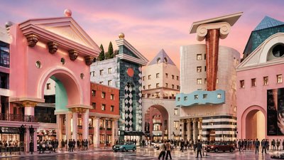 bustling city street panorama at dusk