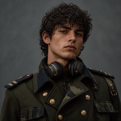 head-and-shoulders portrait of an original character: a young man with curly dark hair and headphones around his neck, plain backdrop, no text
