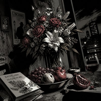 still life arrangement of fruits and flowers