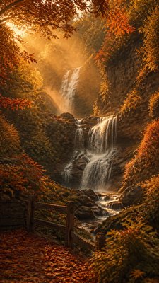 a cascading waterfall in a lush green gorge, no people
