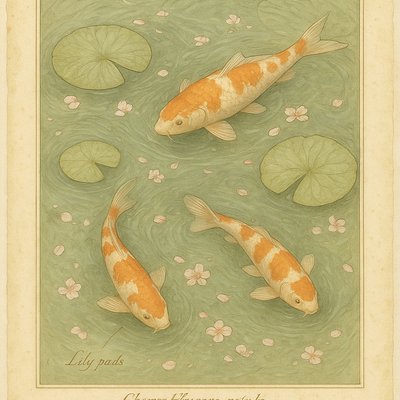 A koi pond seen from above, orange and white koi fish swimming among lily pads, clear water with subtle ripples, fallen cherry blossom petals floating on the surface, dappled sunlight