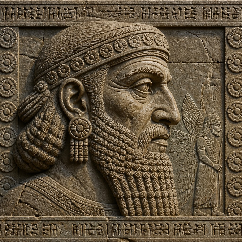 close-up portrait of an elderly person with expressive weathered features — Mesopotamian Relief Art Style