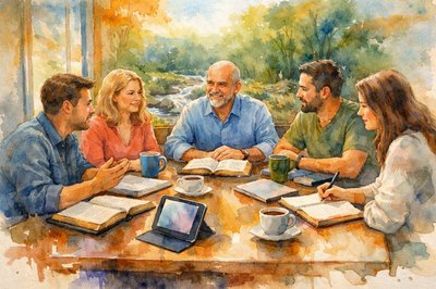 A modern scene.  3 men and 2 women sit around a rectangular table discussing things.  Bibles, journals, iPads and laptops, pens and pencils, cups of coffee and tea are on the table.  A window is to the left of them and light streams in.  Outside scenery is forested with a brook.