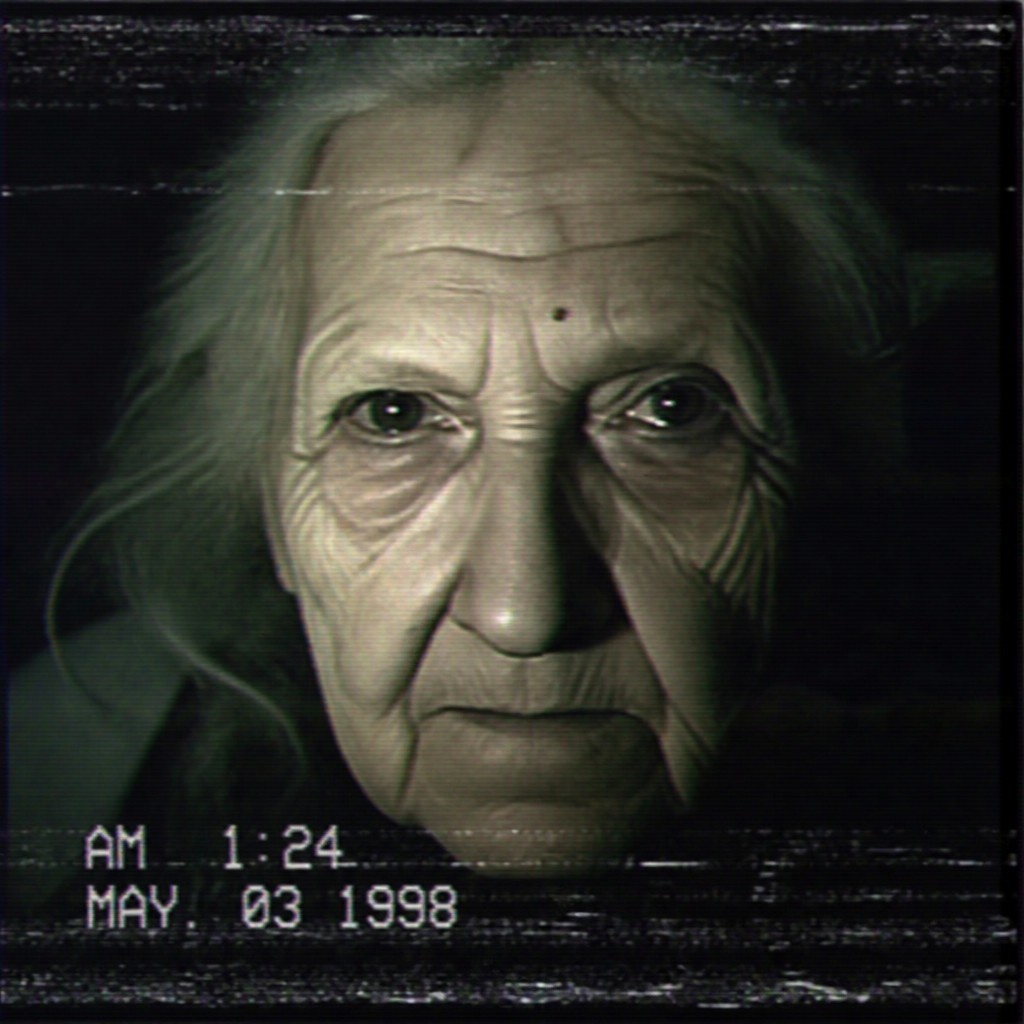 close-up portrait of an elderly person with expressive weathered features — Analog Horror Aesthetic