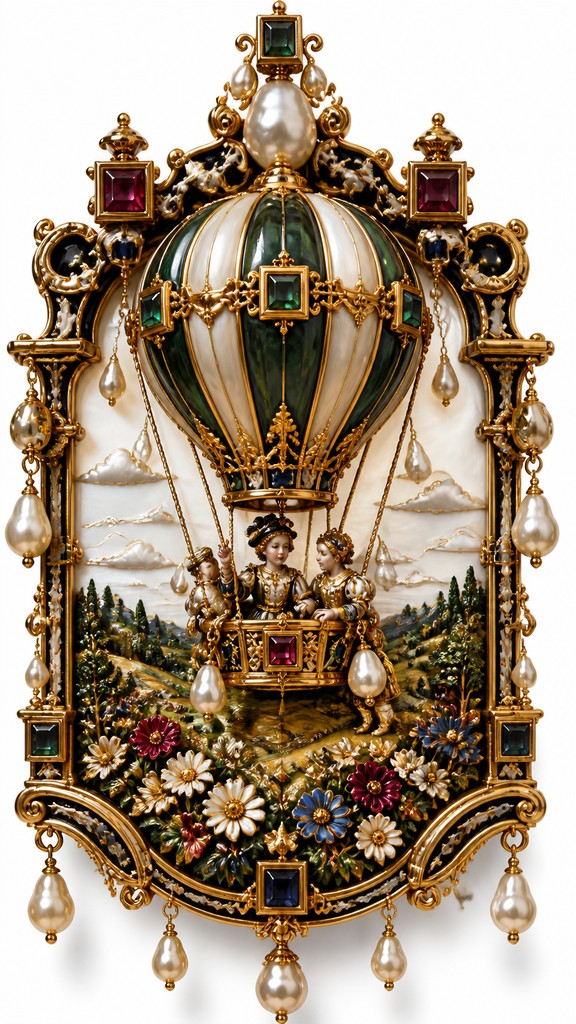 a hot air balloon drifting over rolling flower fields on a sunny day, cheerful, no text