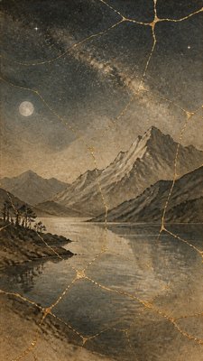 a tranquil mountain lake beneath a starry night sky, no people, no text
