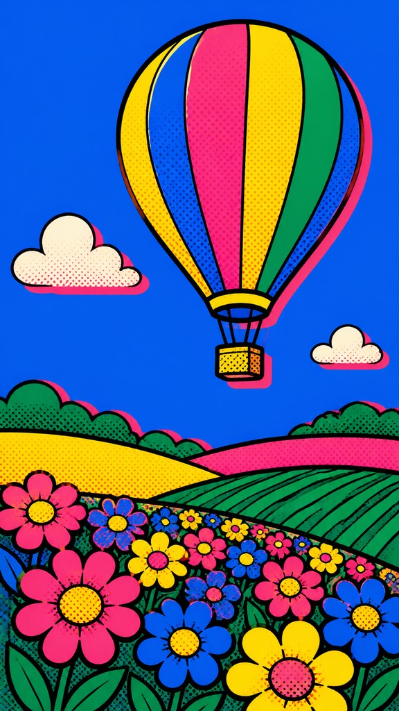 a hot air balloon drifting over rolling flower fields on a sunny day, cheerful, no text