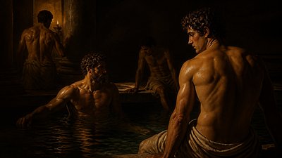 ancient greek athletes bathing in pool 