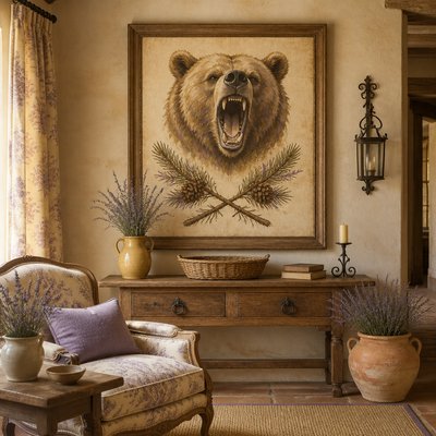 a roaring bear head above crossed pine branches, bold graphic composition on a plain background, no text