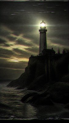 a lone lighthouse on a cliff at dusk under a dramatic sky, no text or lettering