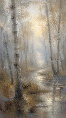 a serene birch forest in soft morning light, no people, no text
