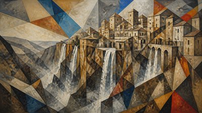 a cliffside city with waterfalls cascading into a misty canyon, wide establishing shot, no people, no text