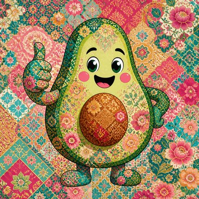 a happy avocado character giving a thumbs up, bold readable design on a plain background, no text