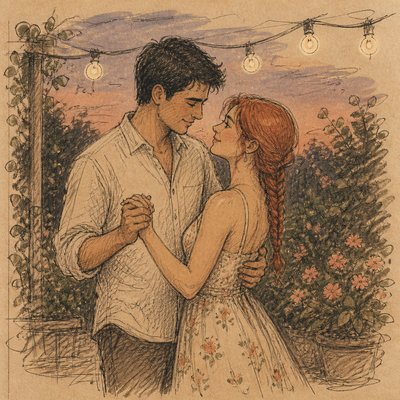 an original couple dancing under string lights in a garden at dusk: a man with short black hair in a linen shirt and a woman with braided red hair in a summer dress