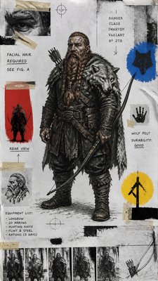 full-body original character: a dwarven ranger with a braided auburn beard, worn leather armor, a longbow and a wolf-pelt cloak, neutral background, no text