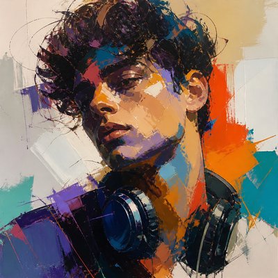 head-and-shoulders portrait of an original character: a young man with curly dark hair and headphones around his neck, plain backdrop, no text