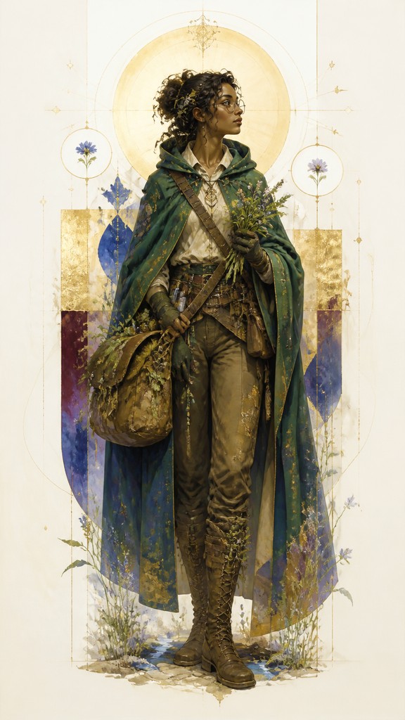 full-body original character: a wandering botanist with a satchel of plants, a patched green cloak, tall boots and round glasses, neutral background