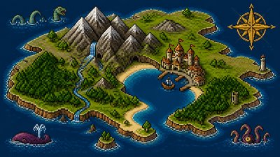 a map of an island realm with mountains, forests, a sheltered bay, sea monsters in the water and a compass rose, no text labels