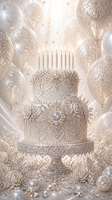 a birthday cake with lit candles surrounded by balloons and confetti, festive vertical composition, no text