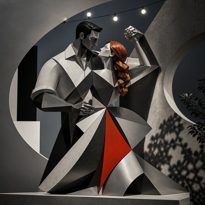 an original couple dancing under string lights in a garden at dusk: a man with short black hair in a linen shirt and a woman with braided red hair in a summer dress