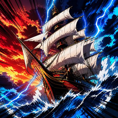 a three-masted wooden sailing ship with white sails on a stormy sea, no crew visible on deck