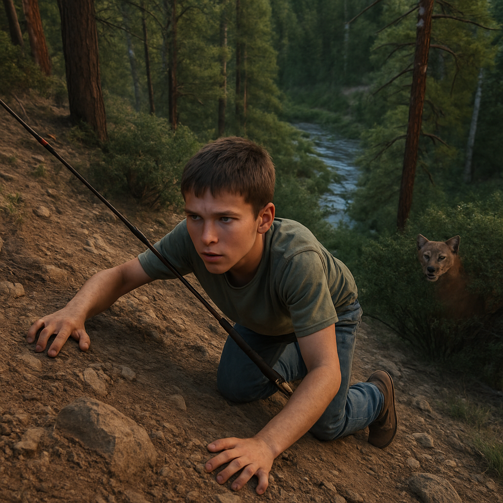 A young boy, no older than 12, is intensely focused on climbing a steep, rocky hillside in the San Juan National Forest, specifically along the Piedra River. He is scrambling upwards on his hands and knees. He is carrying a fishing rod held securely in one hand. The hill is covered in dry dirt and scattered small rocks with ponderosa pines and aspen trees in the landscape. Just ahead and slightly above him is a dense scrub oak). Behind this bush, the head of a cougar is visible, watching the boy climbing towards him unaware. Far below, at the bottom of the hillside, a clear, meandering mountain stream (the Piedra River) sparkles under twilight. The atmosphere is quiet, tense, capturing the stark beauty of the remote Colorado wilderness.