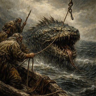 “Canst thou draw out leviathan with an hook? or his tongue with a cord which thou lettest down? Canst thou put an hook into his nose? or bore his jaw through with a thorn?” (Job 41:1-2, KJV)

