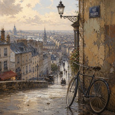 bicyle resting against a wall — Cityscape Painting Style