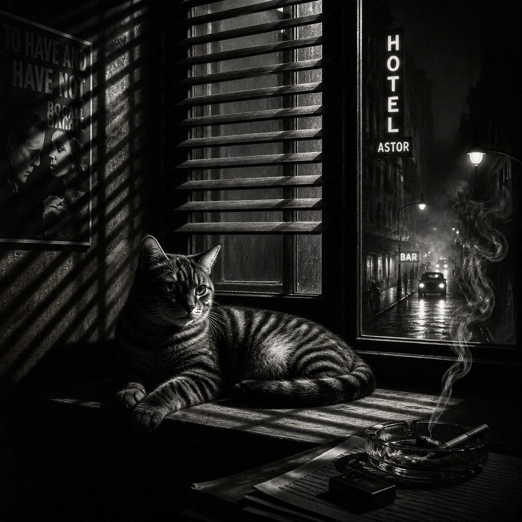 a cat lounging in a sunlit window — Film Noir Aesthetic